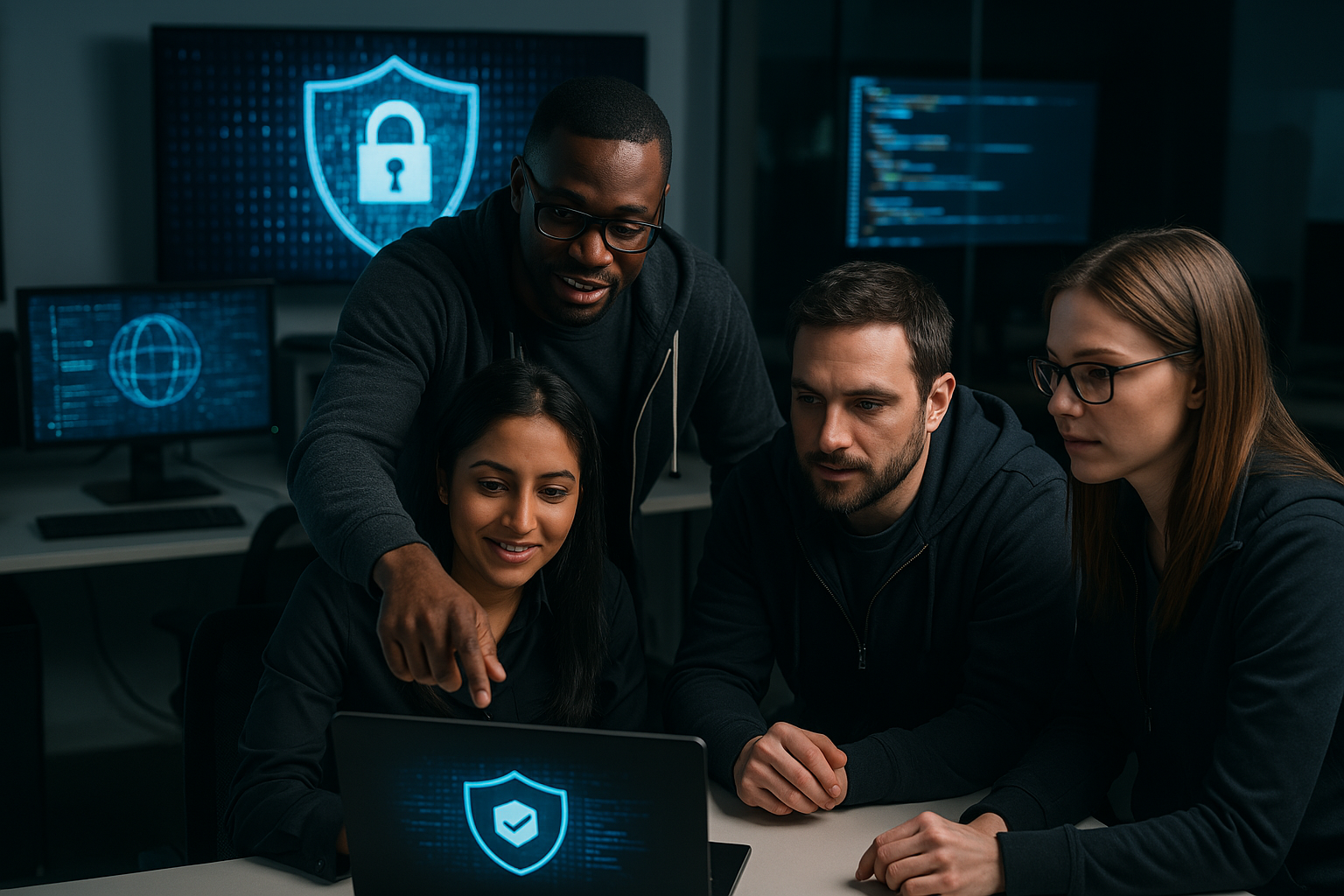 Cybersecurity professionals collaborating
